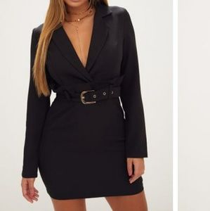 Black Frill Waist Belted Blazer Dress